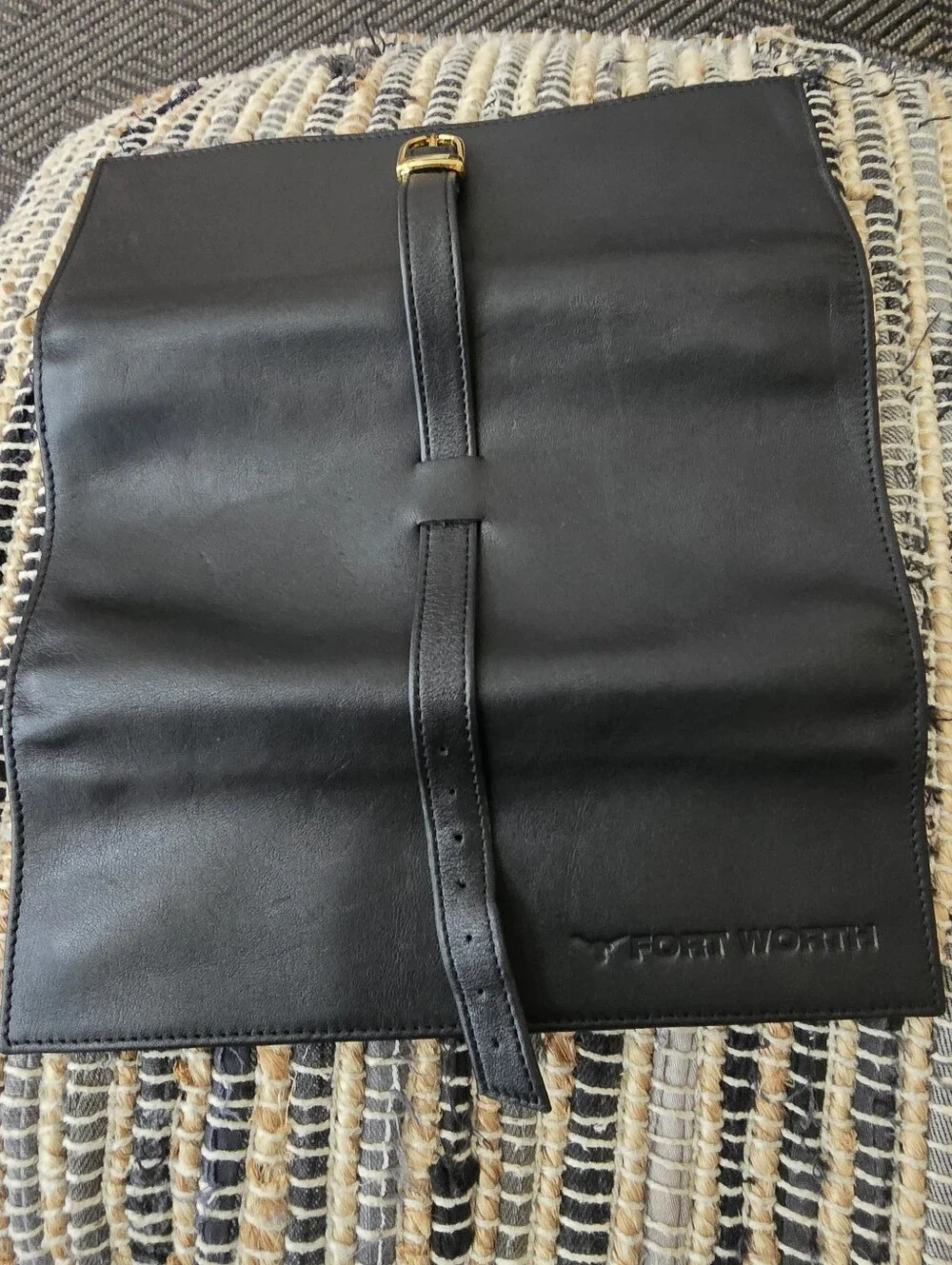 Black Leather Jewerlry Roll with Gold Buckle Fort Worth Inscripted